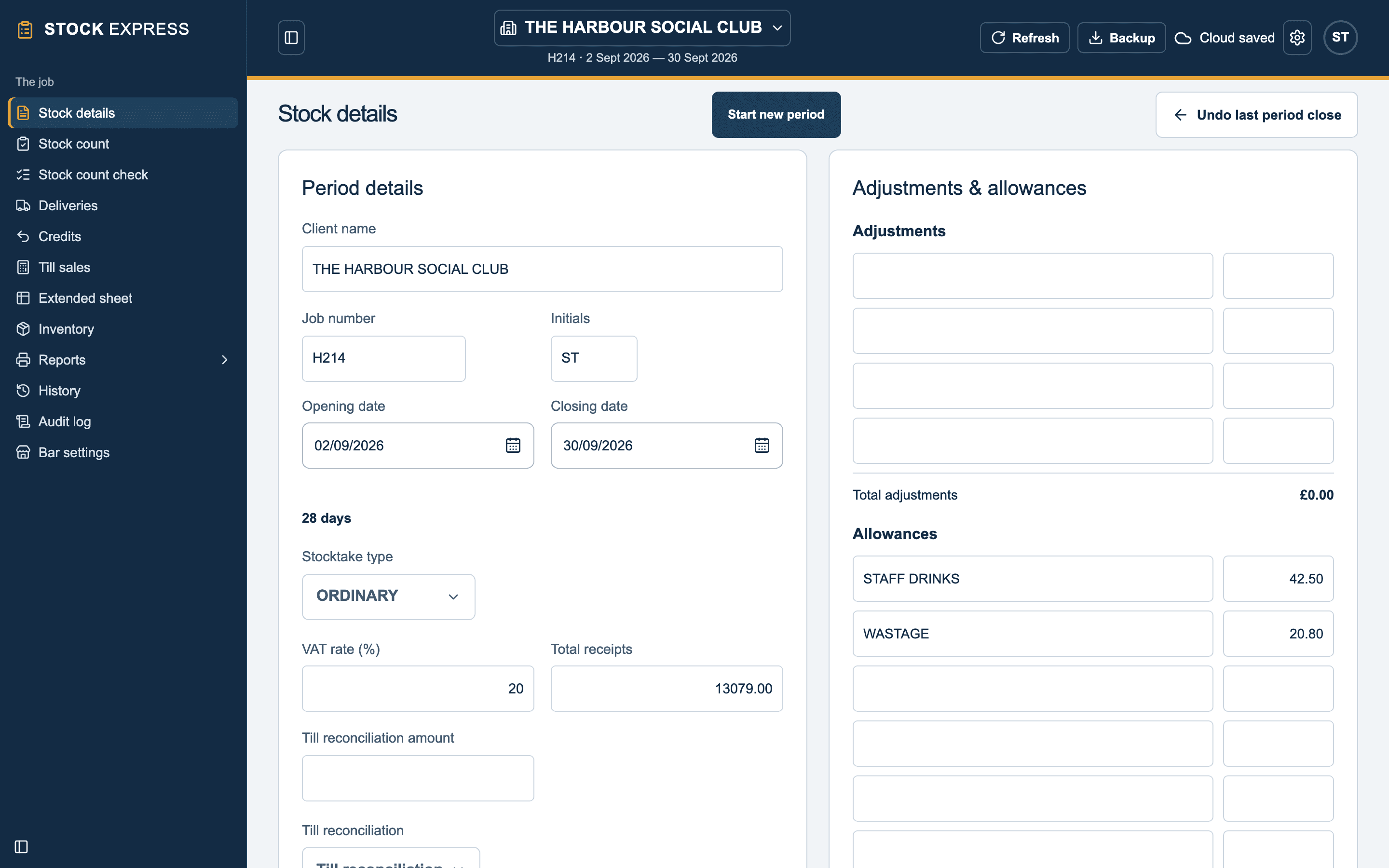 Stock details: the outlet, the period's dates and type, VAT and takings, and the adjustments and allowances