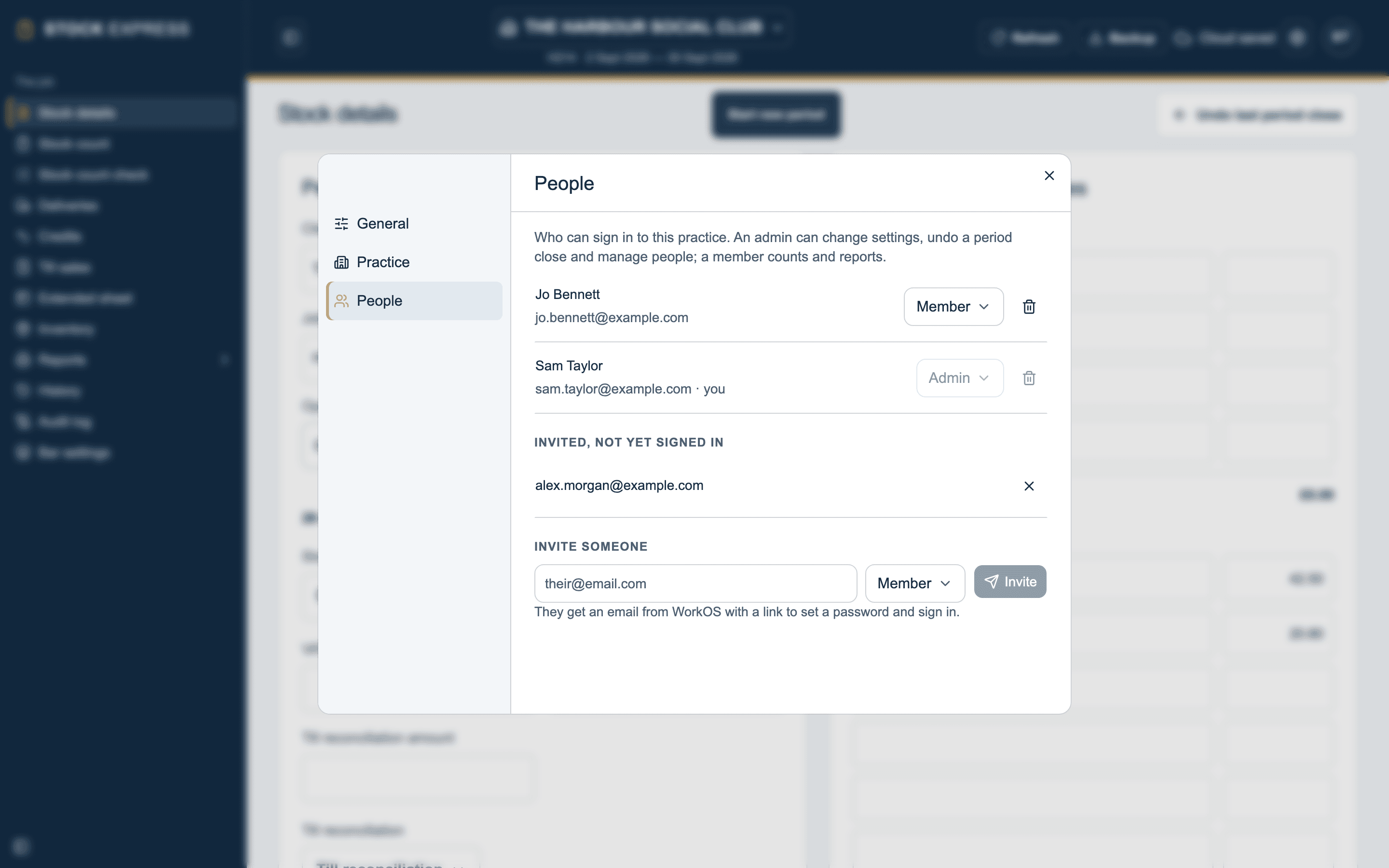 Settings, People: an admin and a member, someone invited and not yet signed in, and the box to invite someone
