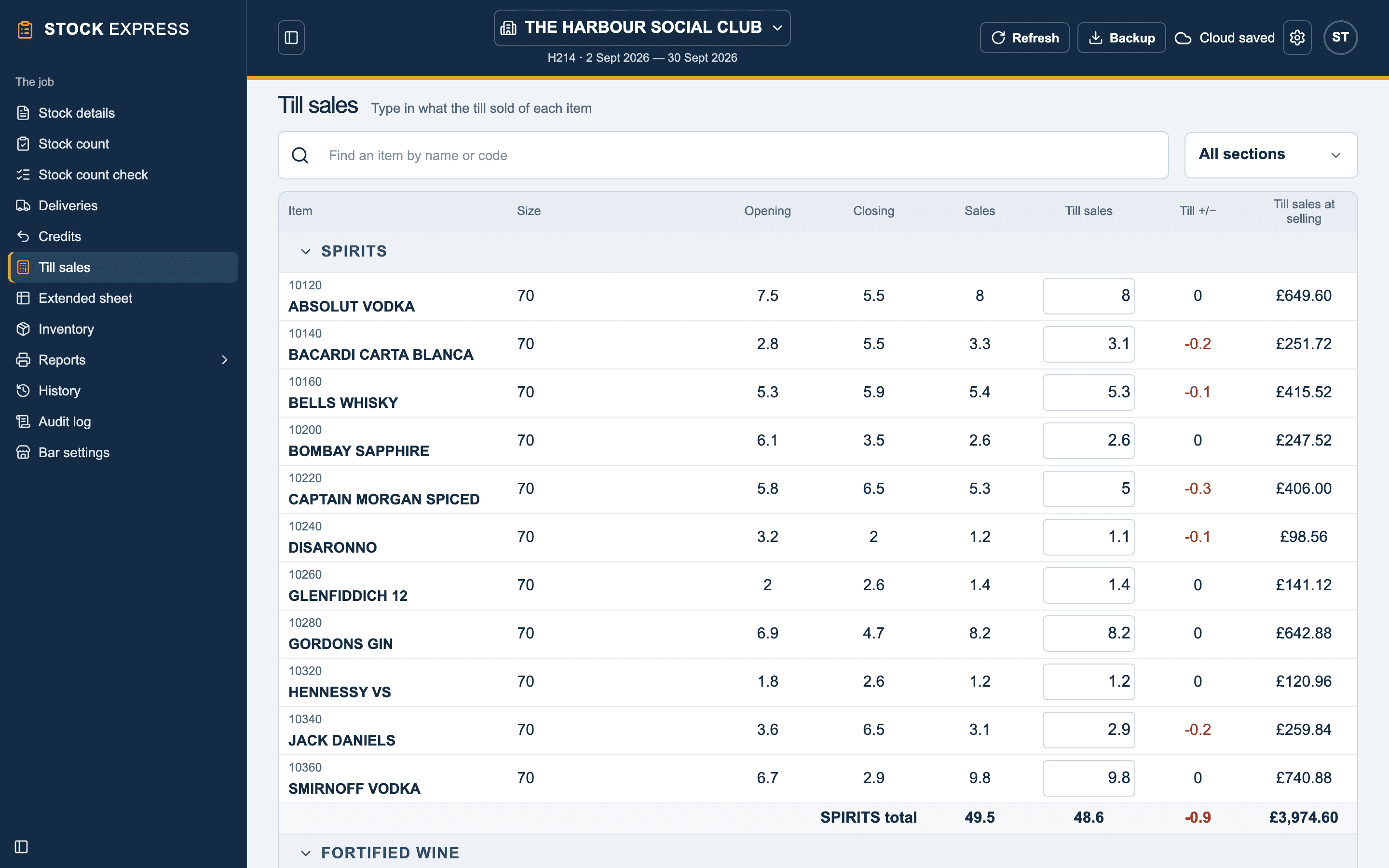 Till sales: each item's opening, closing and sales, what the till sold, and the difference