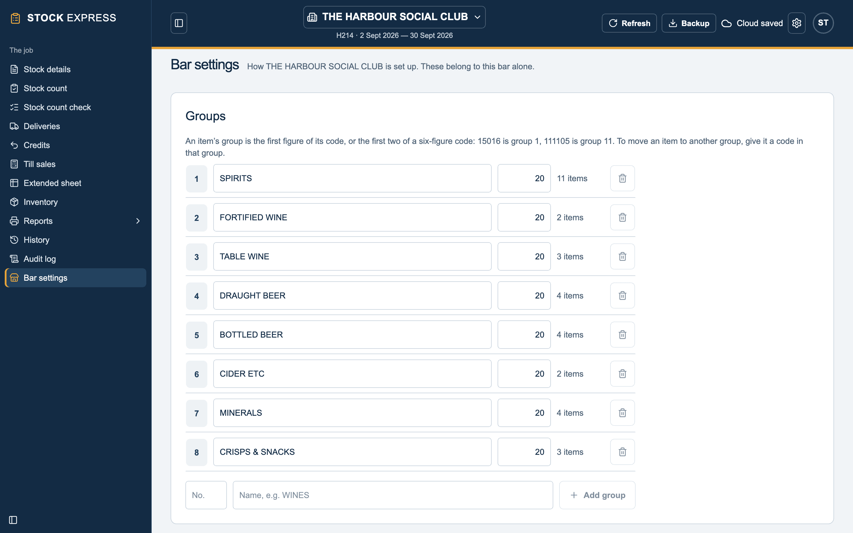 Bar settings: the outlet's groups, each with its name, VAT rate and number of items