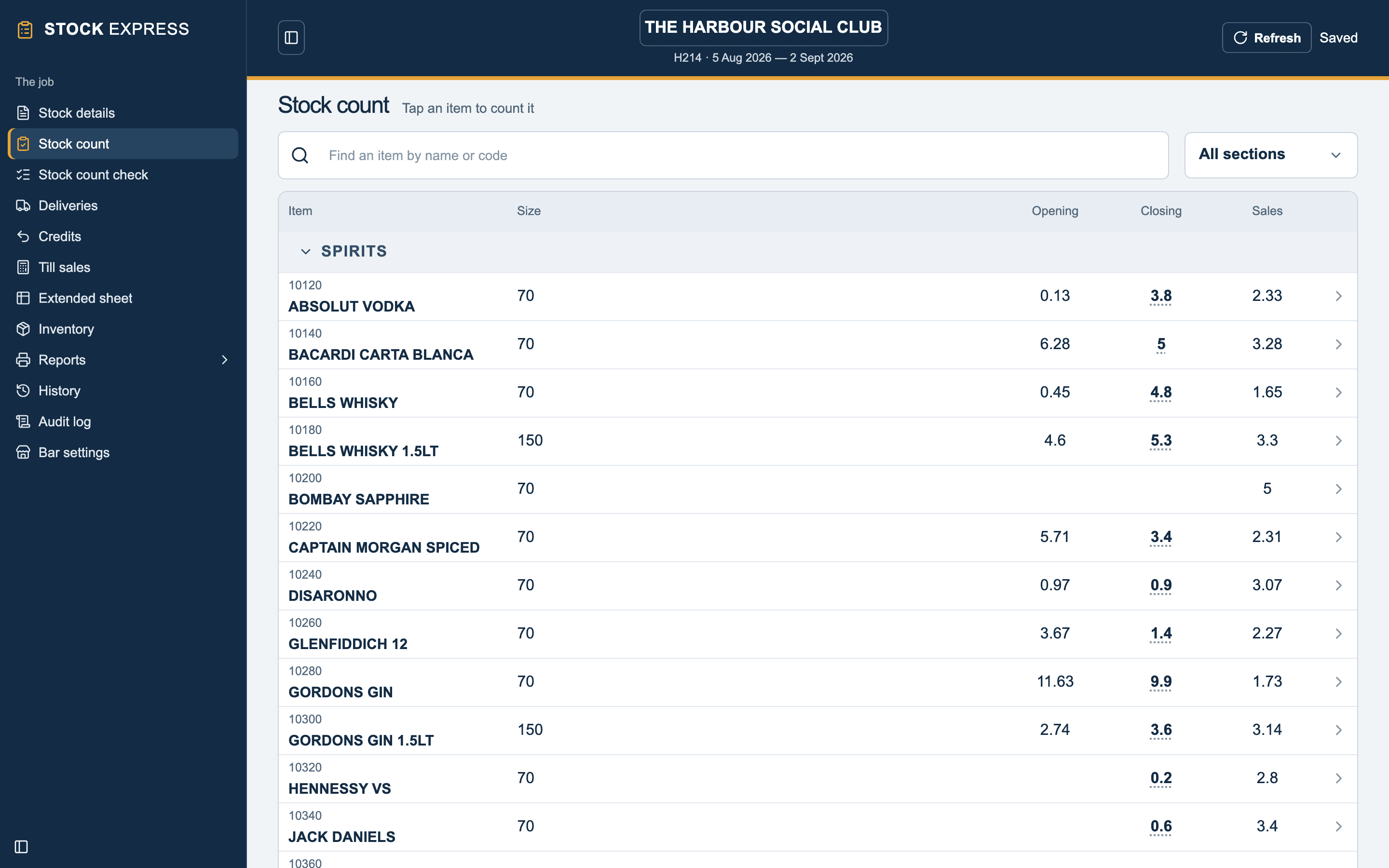 Stock count: Items by section with opening, closing and sales. Tap an item to count it.