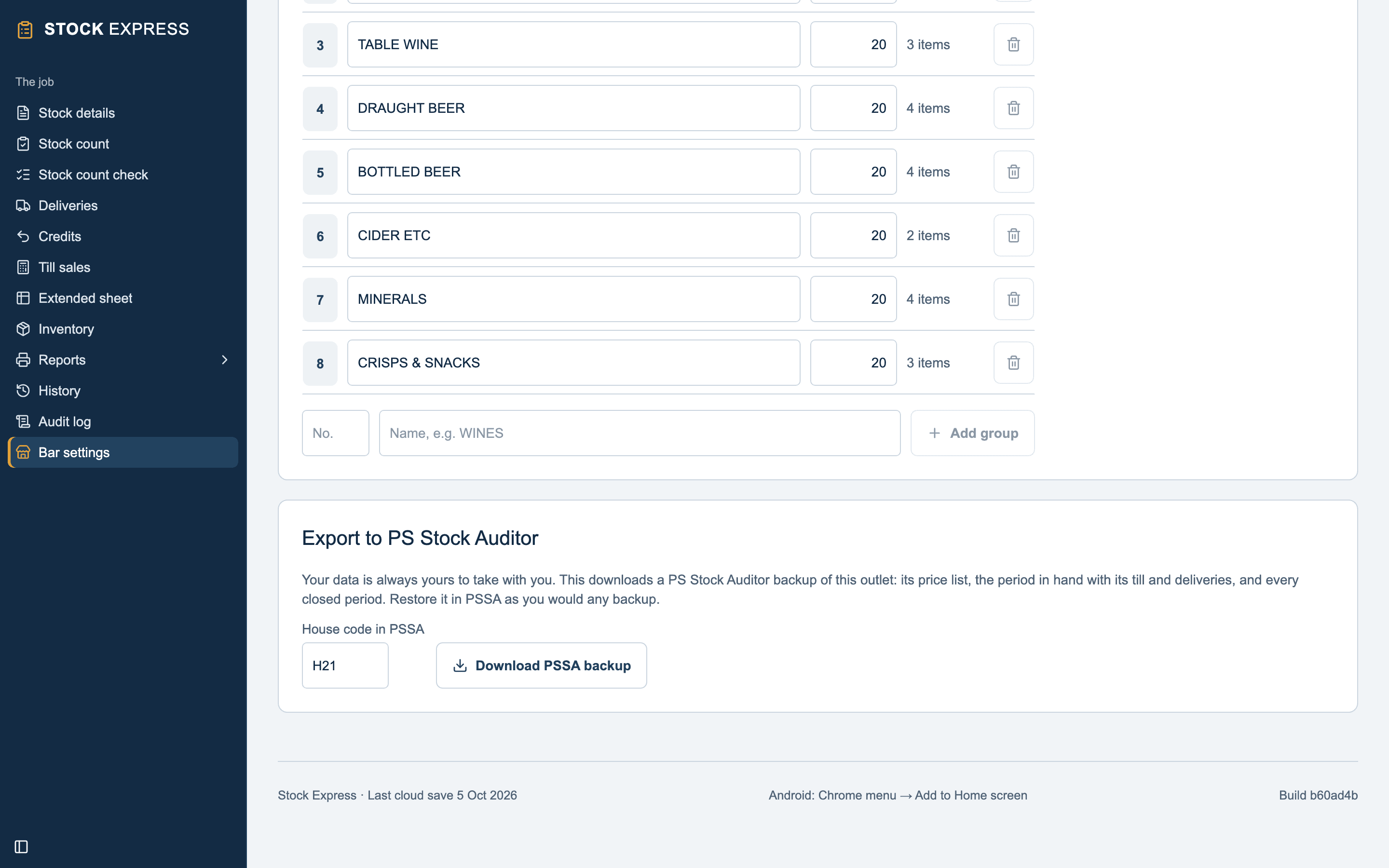Export to PS Stock Auditor on Bar settings: the house code H21 and Download PSSA backup