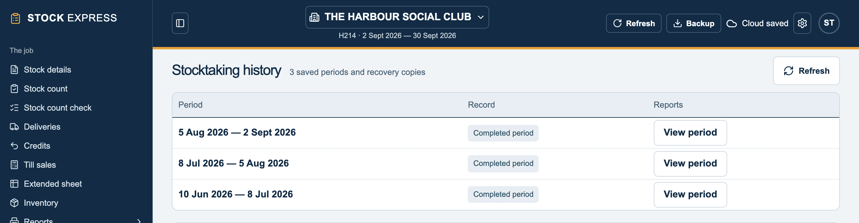 Stocktaking history: three completed periods, each with View period
