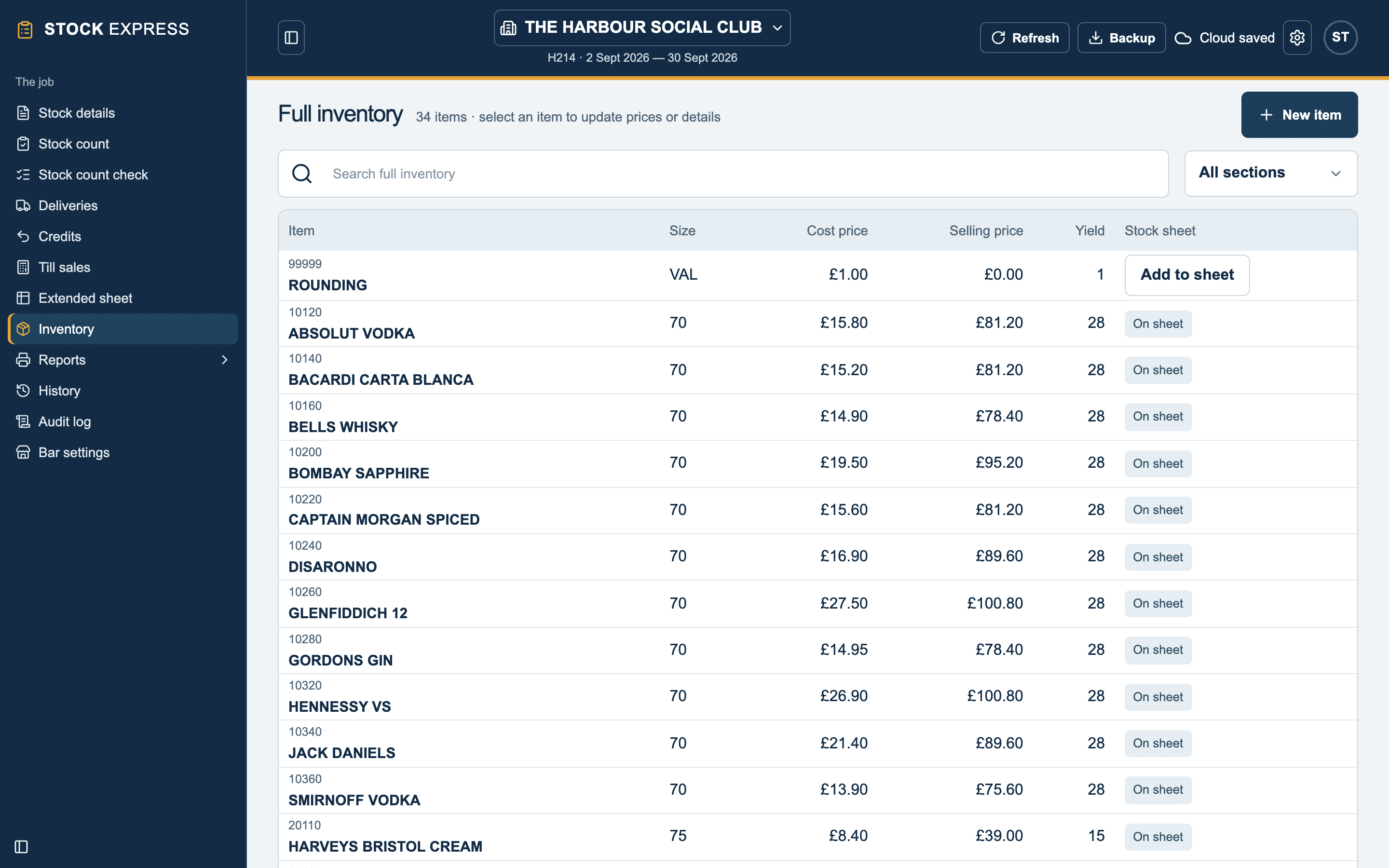 The full inventory: each item's code, size, cost and selling price, yield, and whether it is on the sheet