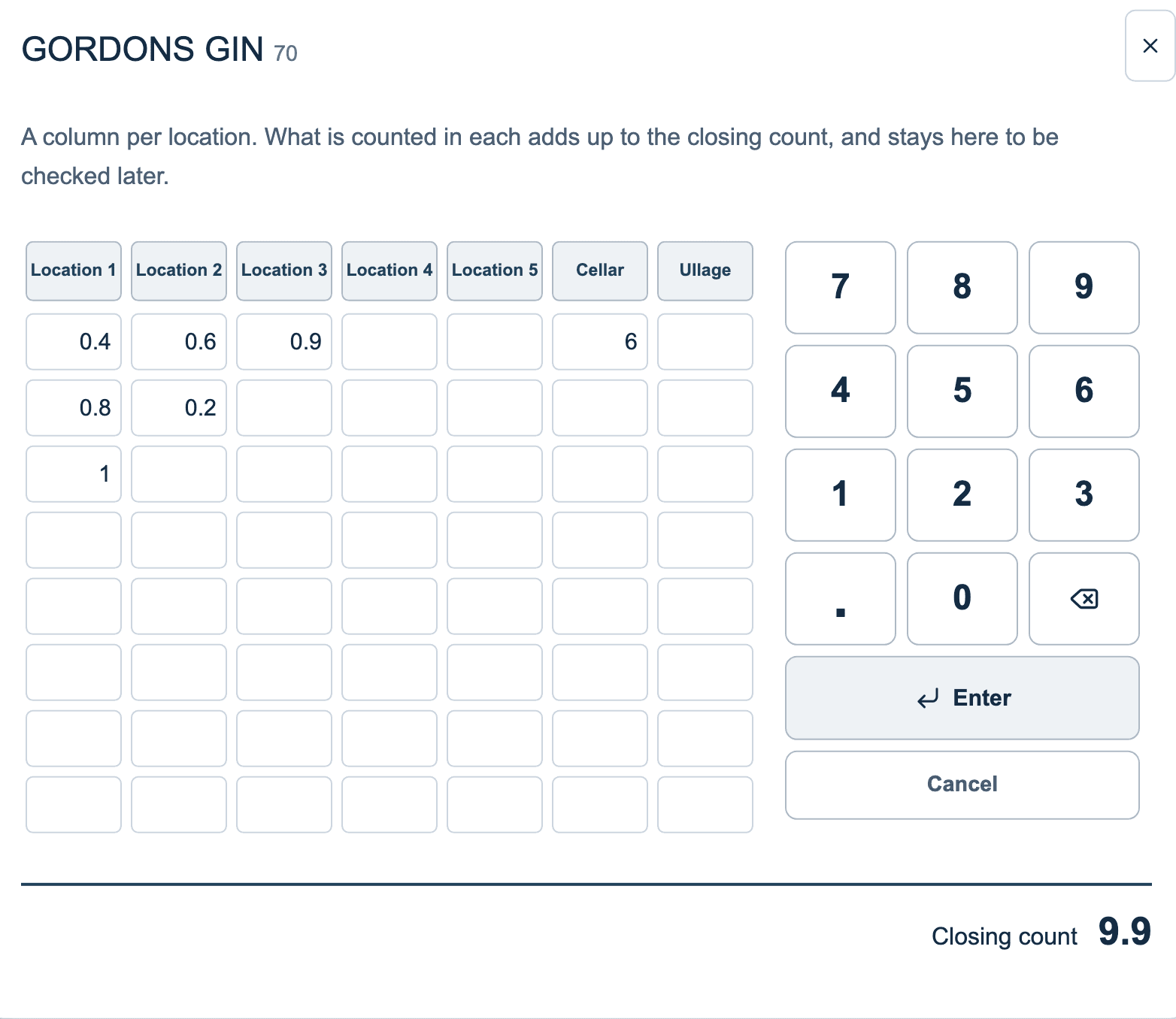 The count pad: Columns for each location, the cellar and ullage, adding up to the closing count.