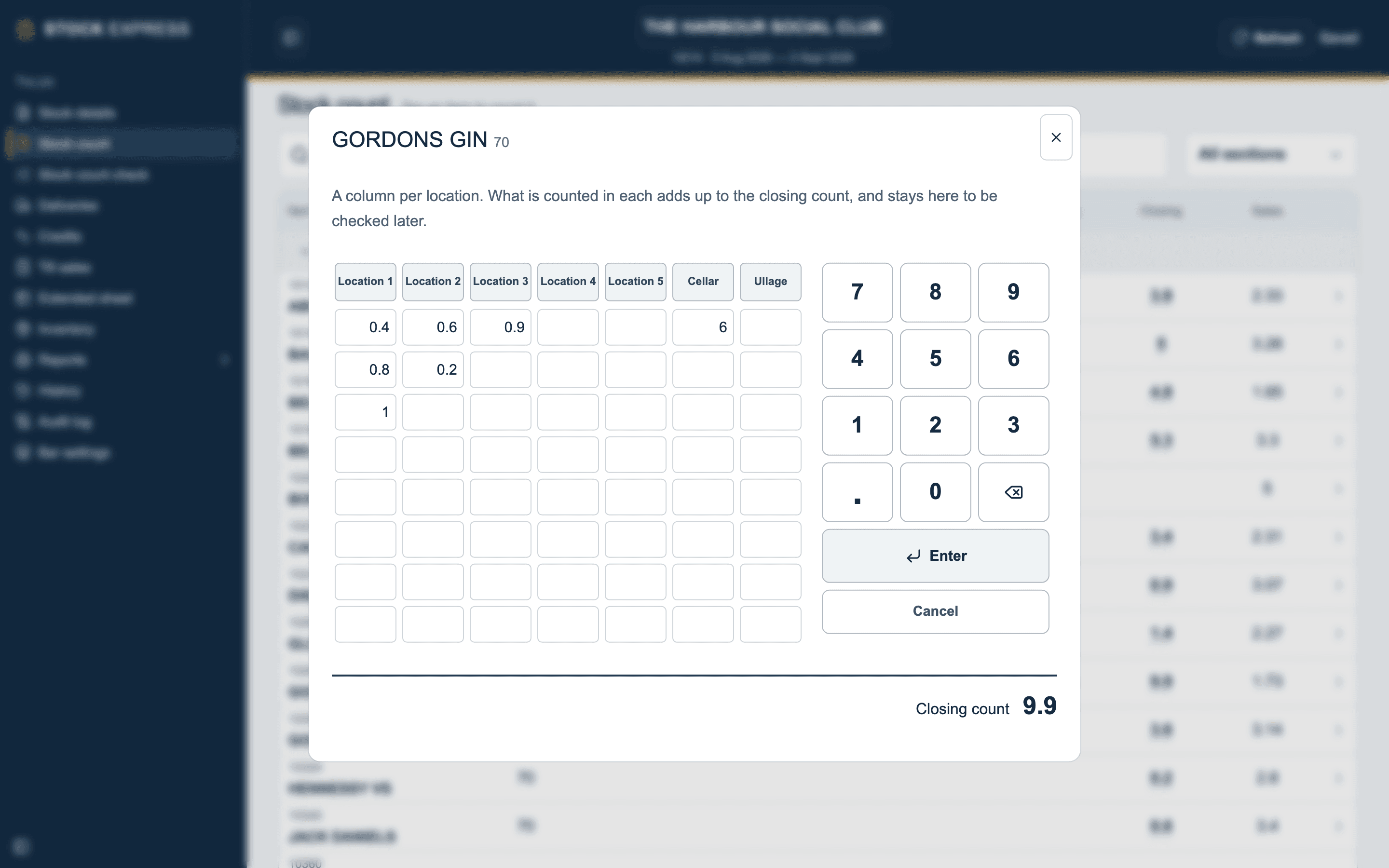 The count pad: Columns for each location, the cellar and ullage, adding up to the closing count.