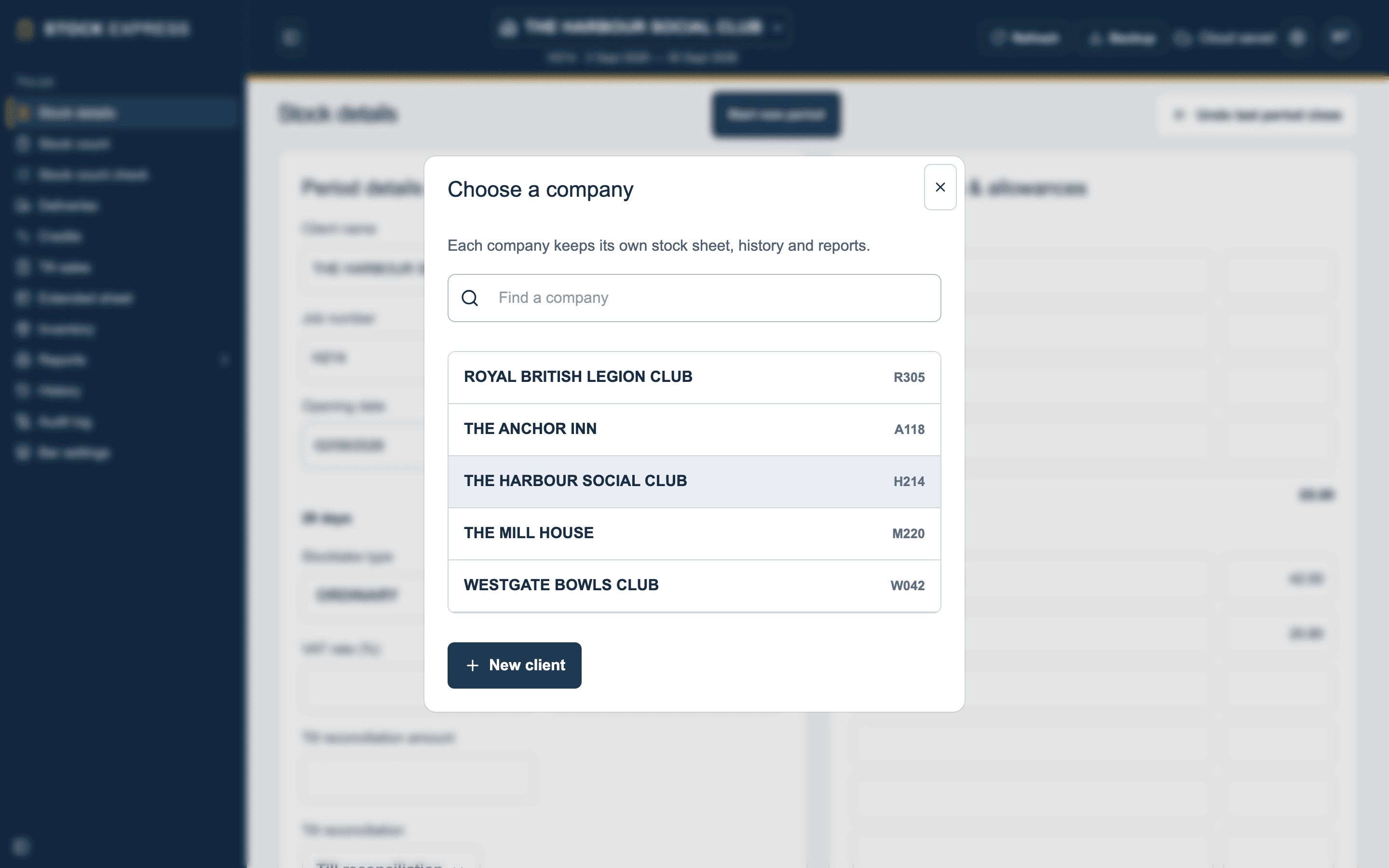 Choose a company: the practice's outlets with their job numbers, and New client