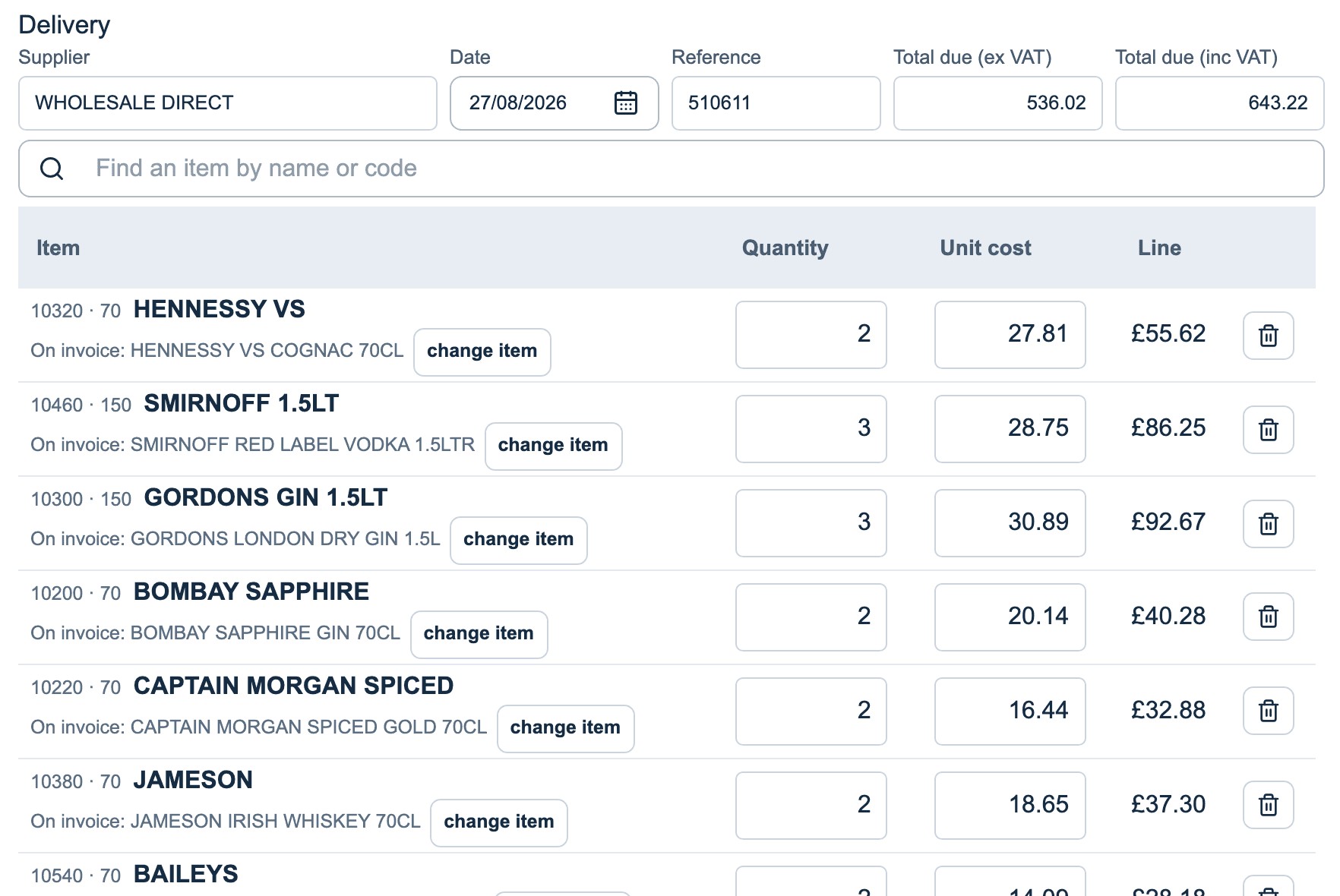 The same invoice as a delivery: each line on its item, with the quantity and cost