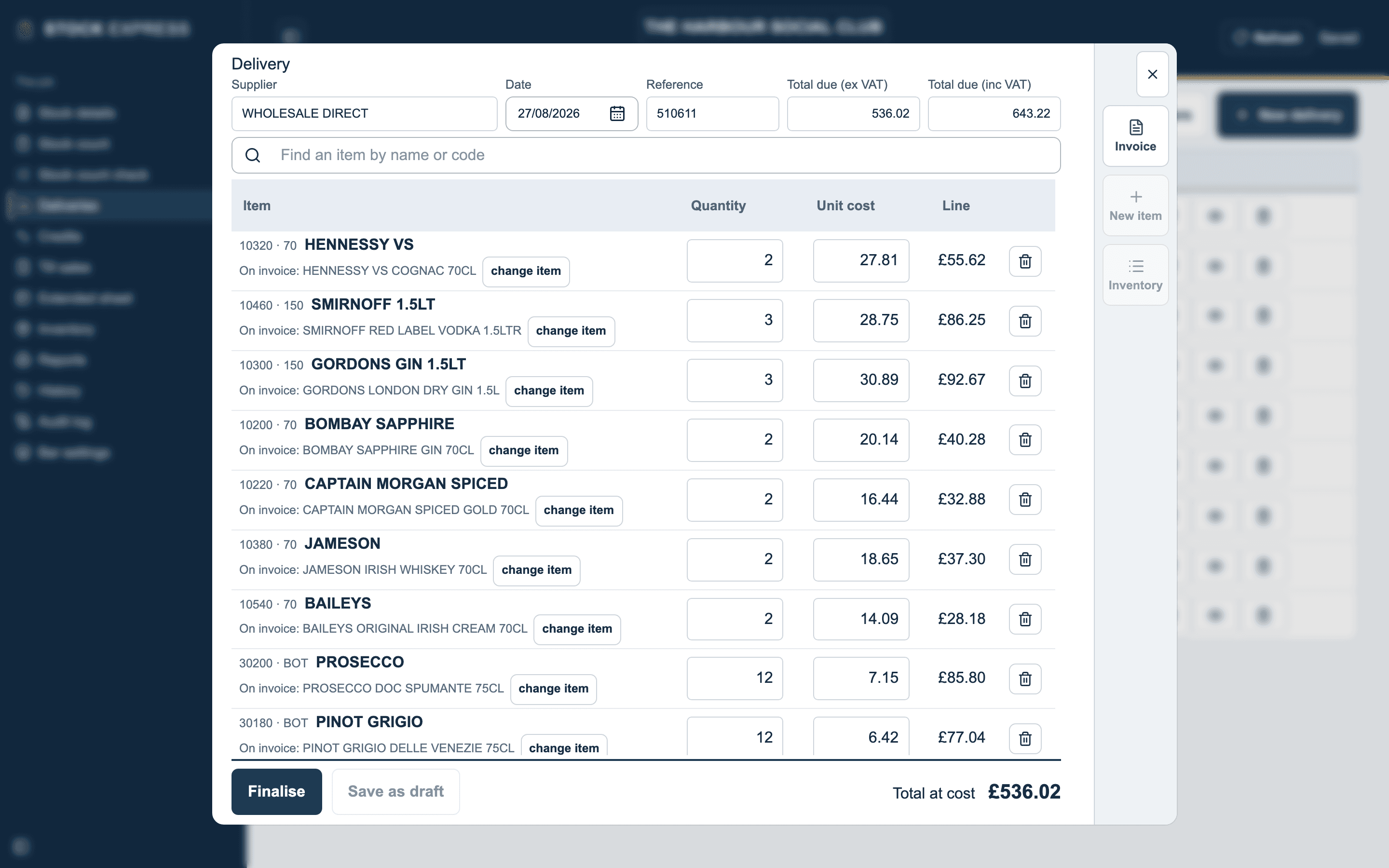 The same invoice as a delivery: each line on its item, with the quantity and cost