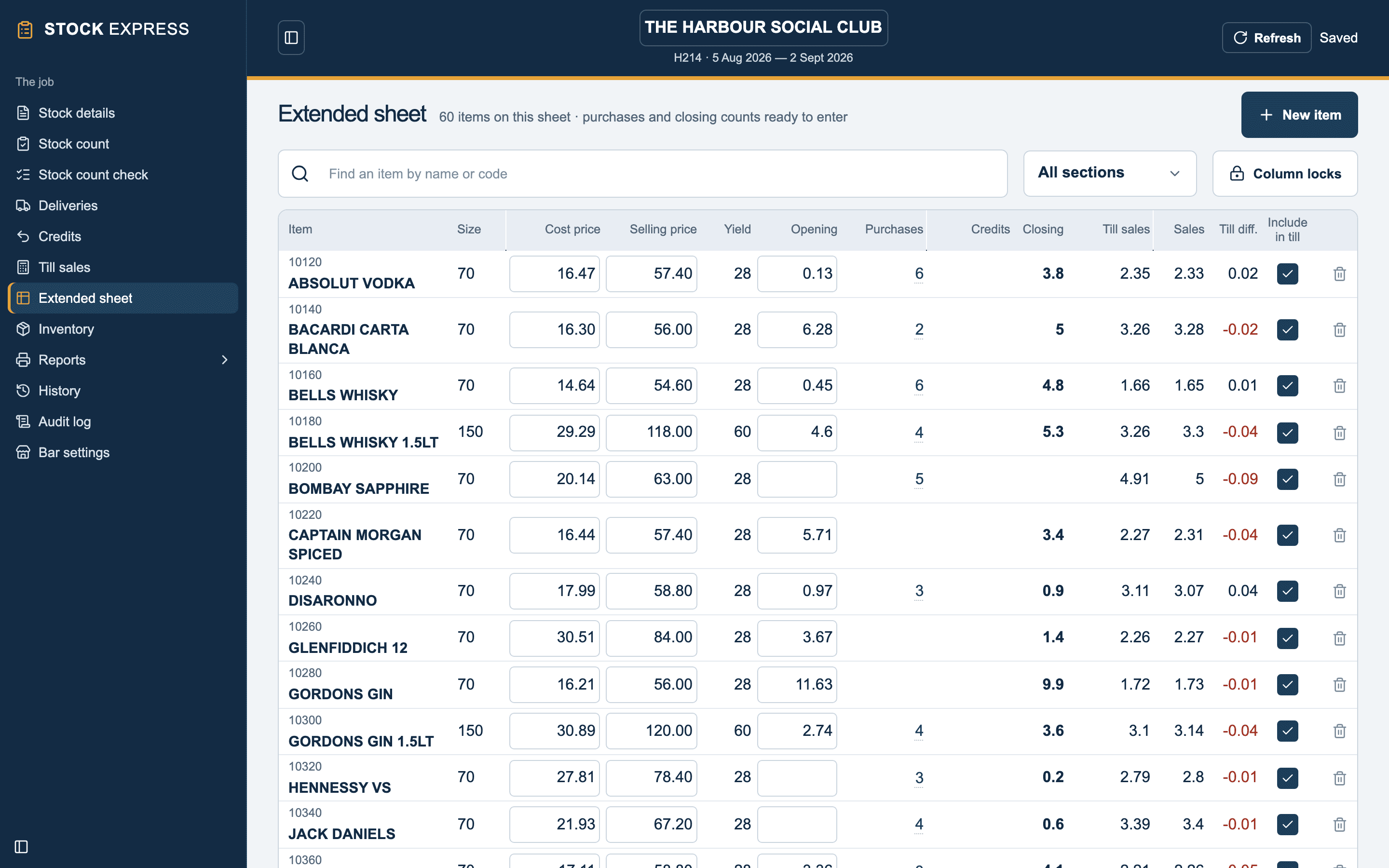 Extended sheet: Prices, opening, purchases, closing, till sales and the till difference for every item.